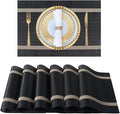 FAVE Placemats Set of 12 Black Placemats Woven with Golden Thread Heat Resistant 12 Vinly Place Mats for Wedding, Banquet, Birthday, Party, Restaurant (Black, 12"x18"-12PCS)