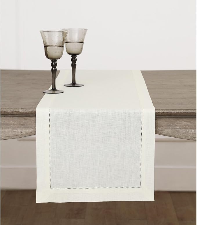 Solino Home Linen Ivory Table Runner 48 Inches - Classic Hemstitch, 100% Pure Linen Coffee Table Runner 14 x 48 Inch Ideal for Dresser Tables - Spring, Easter
