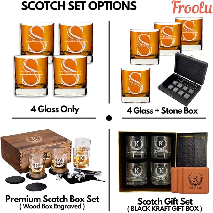 Froolu Customized Whiskey Gifts for Men - Personalized Scotch Glass Gift Set with Box - Engraved Wisky Rocks Glasses for Boyfriend, Husband, Dad - Valentine's, Birthday, Anniversary, Christmas.