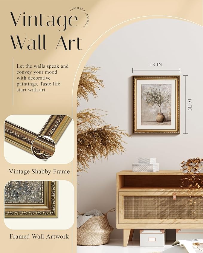 InSimSea Gold Picture Framed Wall Art, Living Room Vintage Olive Tree in Vessel Wall Decor, Still Life Botanical Canvas Print Art, Home Farmhouse Decor, Antique Paintings with Frame 13x16inch