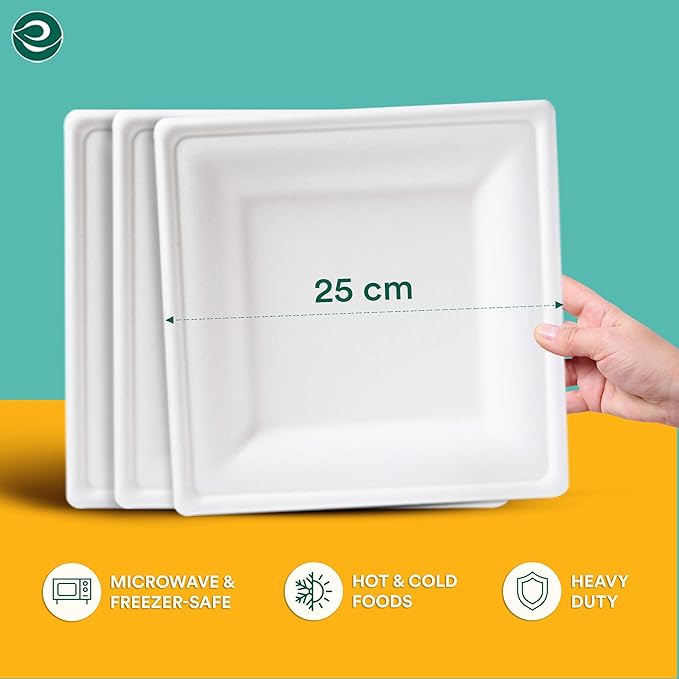 ECO SOUL 100% Compostable Square Paper Plates 10 Inch [100-Pack] Biodegradable Heavy Duty Eco-Friendly Disposable Plates for Dinner, Parties, Wedding & Event(White)