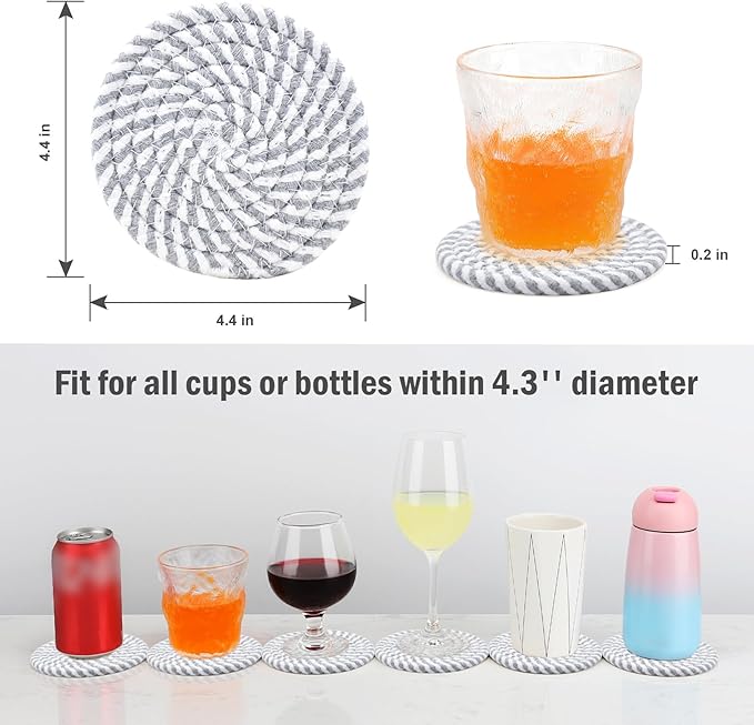 ABenkle Drink Coasters with Holder Set of 10, Cotton Woven Absorbent Coasters for Drinks, Minimalist Home Decor Coaster Set for Wooden Tabletop Protection Table, 4.3 inches