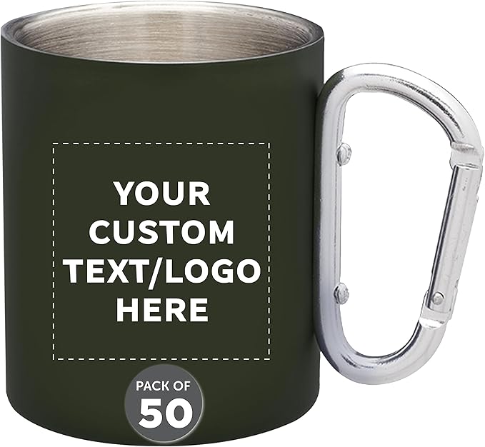 Custom Stainless Steel Mugs with Carabiner Handle 10 oz. Set of 50, Personalized Bulk Pack - Perfect for Coffee, Soda, Other Hot & Cold Beverages - Army Green