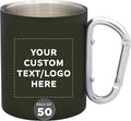 Custom Stainless Steel Mugs with Carabiner Handle 10 oz. Set of 50, Personalized Bulk Pack - Perfect for Coffee, Soda, Other Hot & Cold Beverages - Army Green