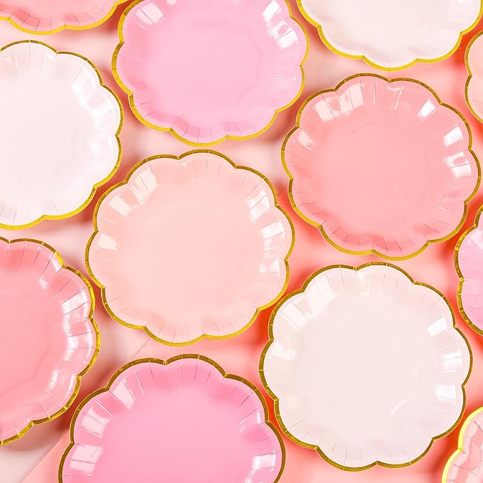 Pink Party Plates Gradient Pink Dessert Paper Plates 7inch Gold Foil Scalloped Edge Disposable Cake Plates for Valentines Day Birthday Bridal Baby Shower Wedding Party Supplies (48)