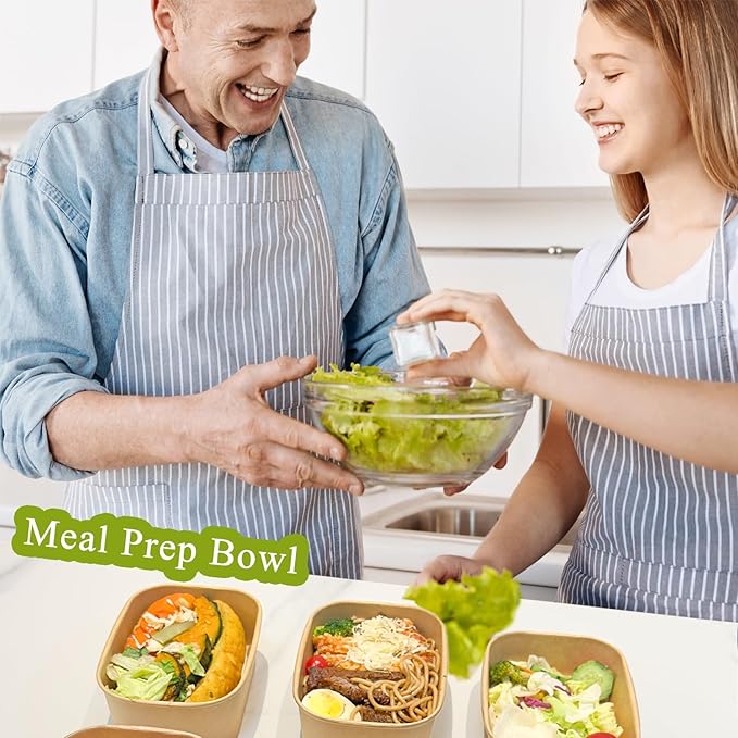 MINCOCO 50 Count Disposable Paper Bowls with Lids Meal Prep Containers 【Includes 50 Wooden Forks + 100 Labels】 Salad Food Containers Freezer & Microwave Safe Leakproof Soup Bowls (25 Ounce, 50-Count)