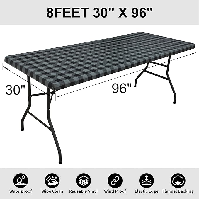 Smiry Rectangle Picnic Table Cloth, Elastic Waterproof Fitted Vinyl Tablecloths, Flannel Backed Buffalo Plaid Table Covers for Dining, Camping, Outdoor (Black and Grey, 30" x 96")