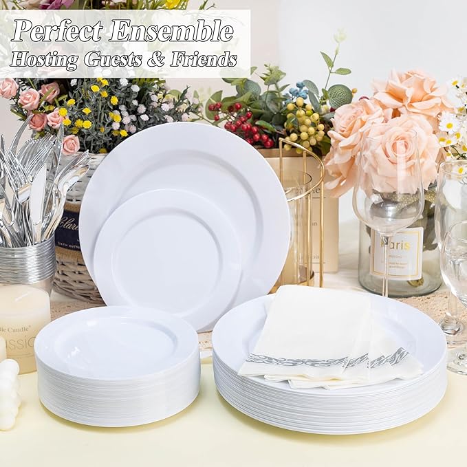 BESTSTAR 100PCS White Plastic Plates Set, 50 10.25 inch Dinner Plate and 50 7.5 inch Dessert Plates, Premium Disposable Plates for Party, Wedding