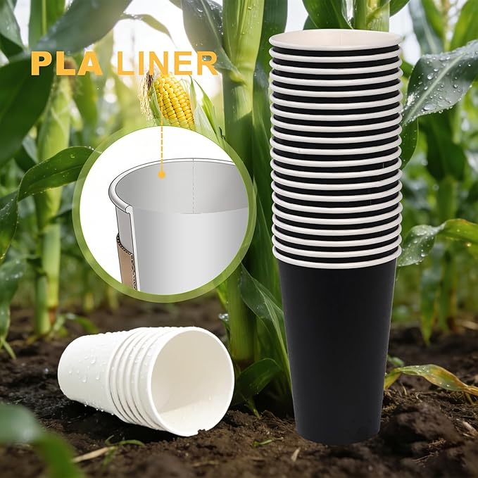 100 Pack 16 oz Disposable Coffee Cups with Lids and Sleeves, To Go Coffee Cups with Lids, Leak-Proof Hot Coffee Cups, PLA Black Paper Coffee Cups for Hot Beverage