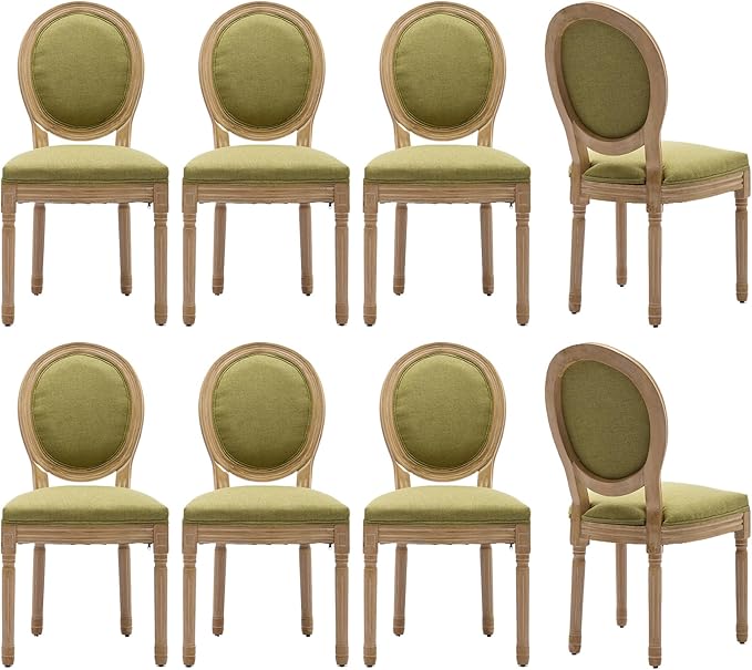 Vintage French Dining Chairs Set of 8, Round Back Upholstered Accent Chairs in Linen Fabric with Solid Wood Frame, Farmhouse Sillas de Comedor for Dining Room & Kitchen, Olive Green