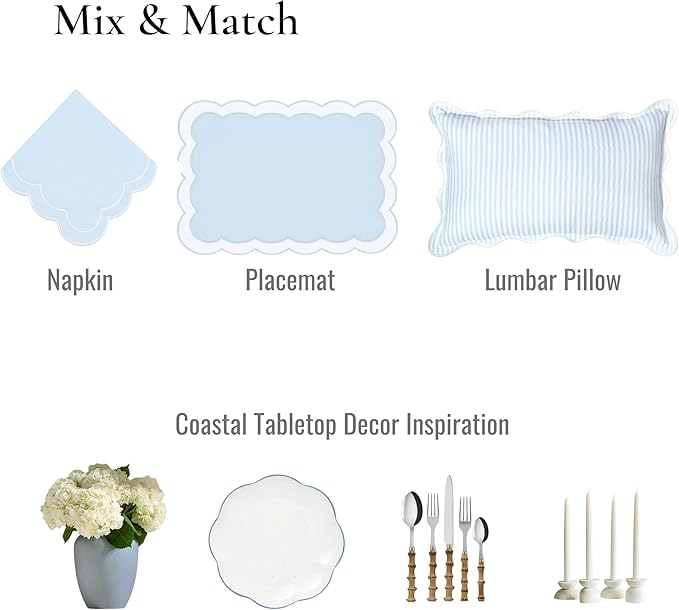 Hofdeco Premium Coastal Patio Indoor Outdoor Placemat Set of 4, 14"x19" Double-Layered, Waterproof Cloth Placemat for Kitchen or Dining Table. Baby Blue Embroidered Solid B
