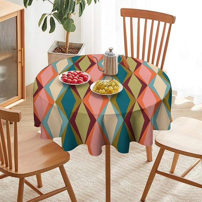 Abstract Geometric Boho Round Tablecloth, Retro Modern Mid Century Tablecloth for Home Party Dining Room Kitchen Decor 70Inch(178cm)