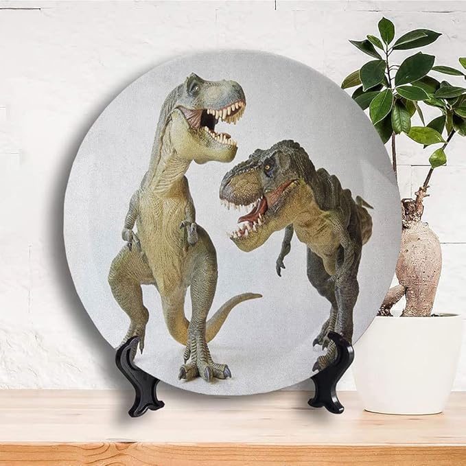 Ceramic Plates, Dinosaur Decorative Ceramic Plates, Tyrannosaurus Rex Pair Facing Off Ferocious Creatures, 10 Inch, Household Plates Decorative, Ivory Brown Grey