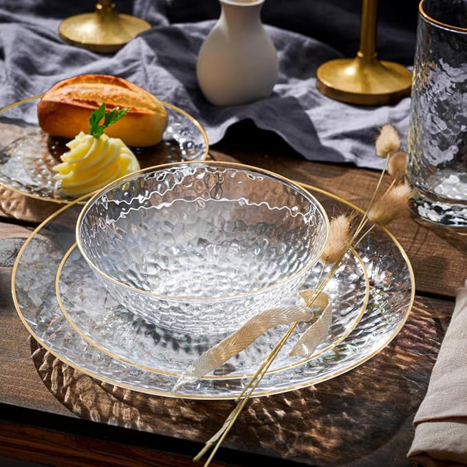 R-kay 100 Pack Hammered Gold Plastic Bowls Disposable Heavy Duty - 12 Oz Clear Plastic Bowls For Parties - Premium Clear Disposable Bowls for Hot Soup, Salads.