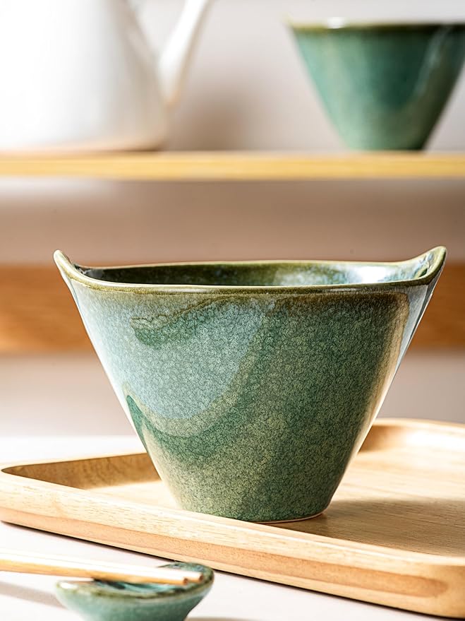 HENXFEN LEAD Japanese Ramen Bowls Set of 2 - Deep Ceramic Noodle Bowls with Spoons, Chopsticks and Holder, 20 Oz Serving Bowls for Pho, Udon, Soup - Reactive Green