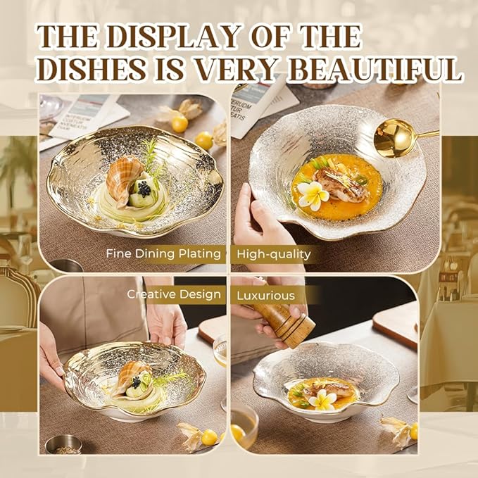 10.4 Inch Ceramic Serving Bowl, Lotus Leaf Wave Edge with Gradual Star Pattern, Handmade Reinforced Porcelain Pasta Bowl, Dishwasher Safe Tableware