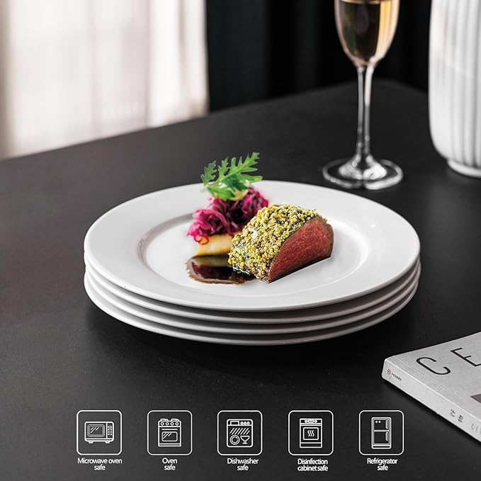 White Ceramic Dinner Plates Set of 4, 10 Inch Porcelain Dinner Plates for Salad, Pasta, and Steak – Microwave and Dishwasher Safe Dinnerware