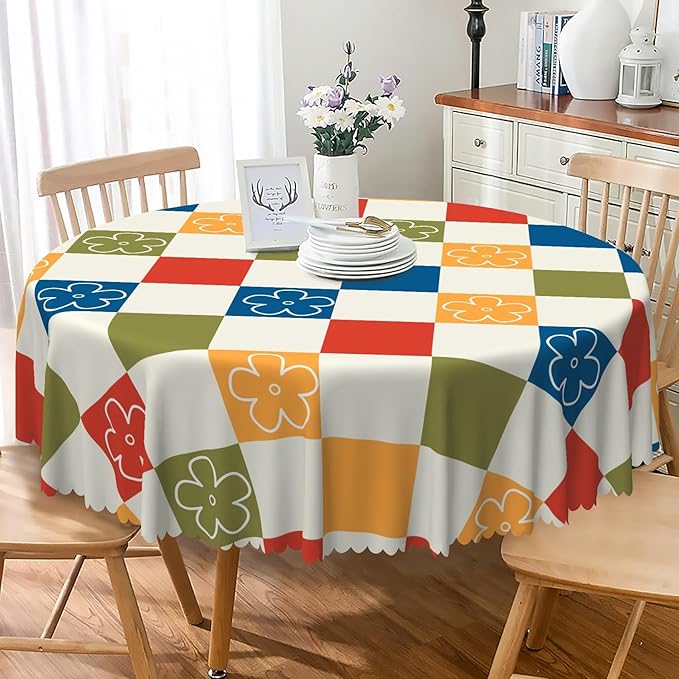 Laeacco 60 Inch Plaid Round Tablecloth Colorful Buffalo Plaid Flower Modern Geometric Abstract Art Print Table Cloth Washable Waterproof Wrinkle Free Table Cover for Kitchen Dining Picnic Party Decor