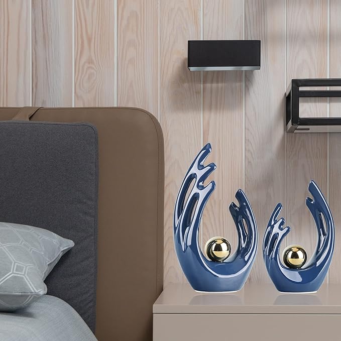 LCCCK 12" H Navy Blue Aesthetic Room Decor Accent, TV Stand Funky Table Centerpiece, Abstract Art Ceramic Statue and Sculpture, Blue Decor for Living Room, Bookshelf Decorative Objects, Shelf Decor