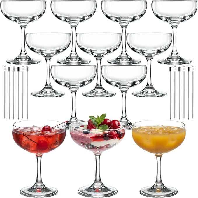 Maxdot 12 Set 7oz Small Champagne Coupe Cocktail Glasses with Metal Cocktail Picks, Clear Elegant Handblown Coupe Glasses Bulk Crystal Espresso Martini Cups for Home Parties Wedding Bar