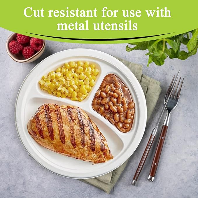 three leaf 10" 3 COMPARTMENT BAGASSE ROUND PLATE, 125 Ct. Heavy-Duty- Super Strong- Natural- Eco-Friendly Disposable Bagasse Plates, 100% Biodegradable 10 inch 3 compartment plates