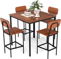 COSTWAY Dining Table Set for 4, 5-Piece Square Kitchen Nook Dinette Set with 4 Bar Stools with Footrest, Backrest, Space-Saving Design, Industrial Kitchen Table and Chairs for Apartment, Walnut
