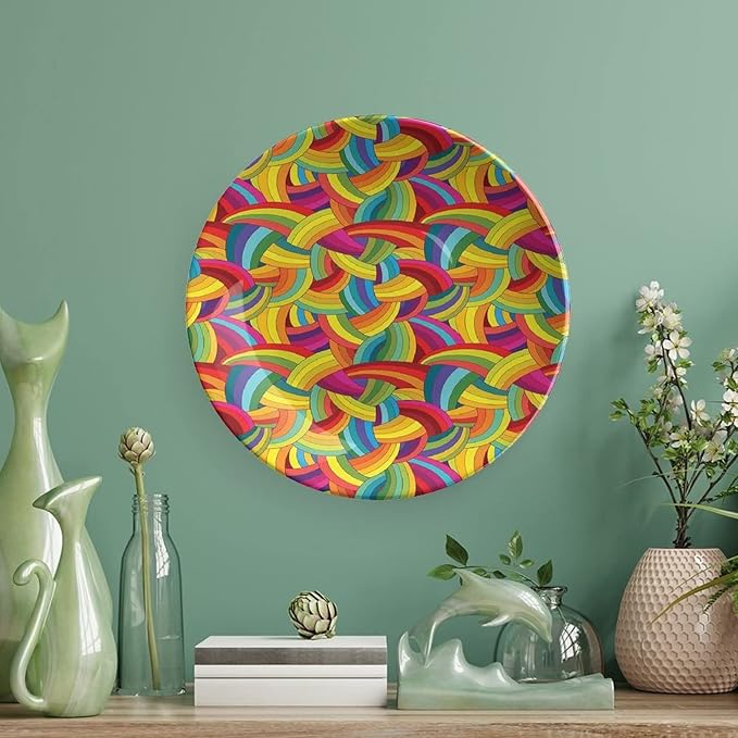 Ceramic Display Plate, Abstract Decor Ceramic Hanging Decorative Plate, Colorful Rainbows Wheels Spiral Wavy Fashionable, 6 Inch, Household Custom Ceramic Plate, Multy