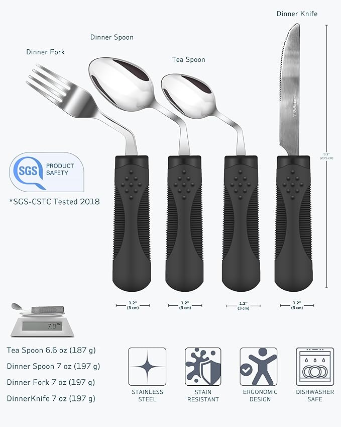 Adaptive Utensils (4-Piece Set) Weighted 7 oz - 42° Angled Utensils for Parkinson's Patients, Hand Tremors, Arthritis & Elderly - Eating Utensils for Elderly (Black: Right Handed)