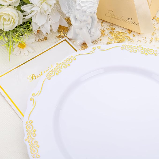 DaYammi 60PCS White and Gold Plastic Plates, Gold Rim Plates Disposable Heavy Duty Disposable Plate Premium 10inch White Dinner Plate Hard Plastic Platos for Party Wedding Bridal Shower