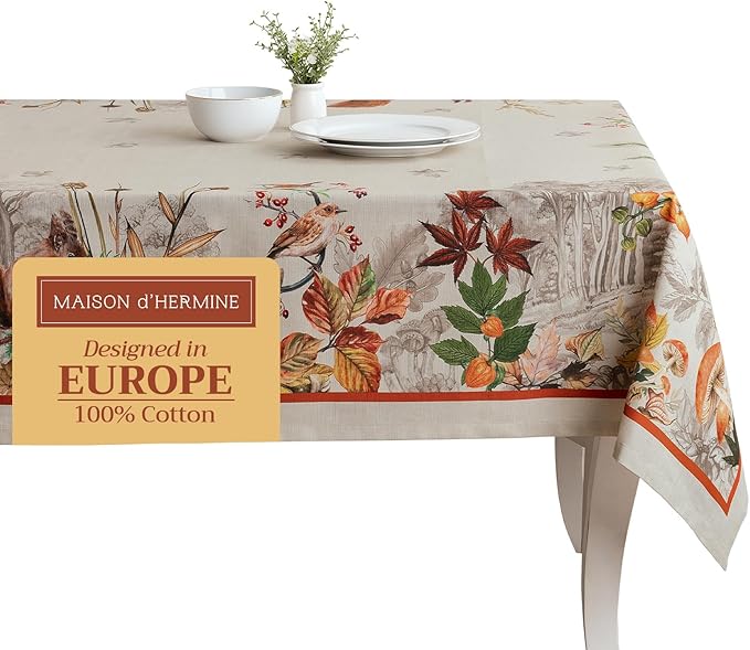 Maison d' Hermine Table Cloth Rectangle Table 100% Cotton 54 x 72 Inches Fall Tablecloth Reusable Everyday Use for Thanksgiving Christmas Decorations Dining Farmhouse Party (Recolte)