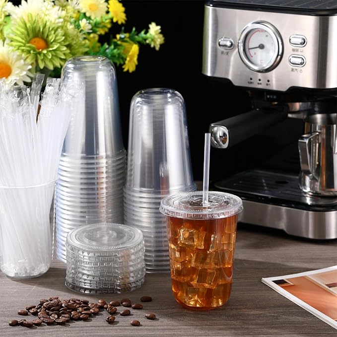 50 Sets Clear Plastic Cups with Lids and Straws, Disposable Iced Coffee Cups Drinking PET for Cold Drinks, Juice, Smoothie, Coffee Shops, Party, Christmas(Clear,16 oz)
