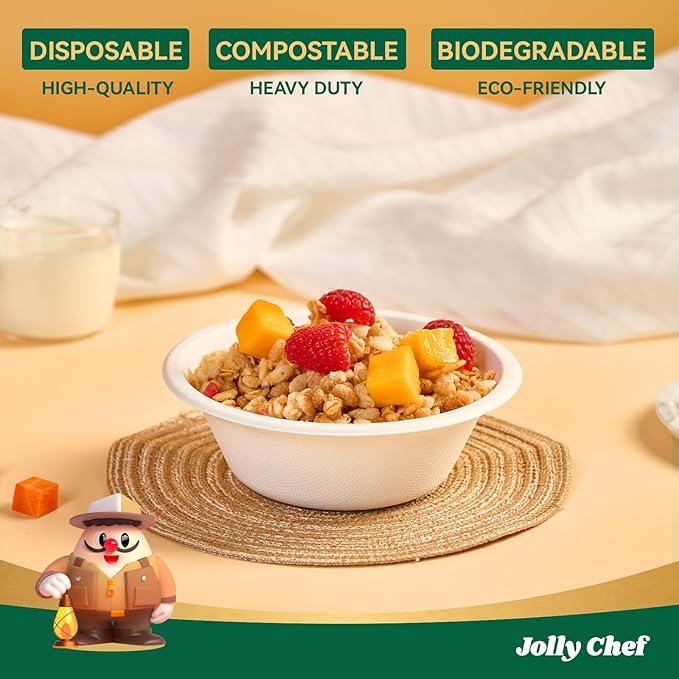 JOLLY CHEF Compostable Disposable Paper Bowl [12 oz] Heavy Duty Soup Containers [150 Pack] Biodegradable Bagasse Hot Cold Food Eco-Friendly Sugarcane Microwavable Bowls for Salad Milk Thanksgiving Day