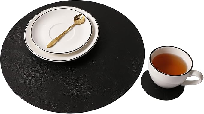 Set of 8 Round PU Leather Placemats, Waterproof Coffee Coasters, Kitchen Table Mats, Easy to Wipe Off for Dining Round Table