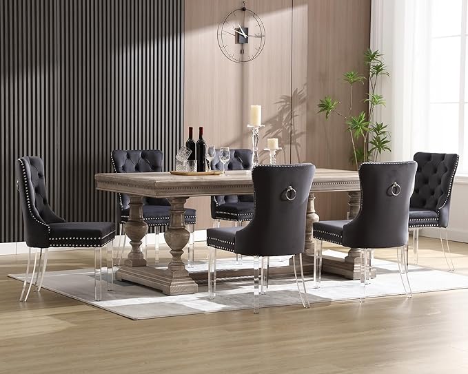 KCC Velvet Dining Chairs Set of 2, Upholstered Tufted Wingback Dining Room Chair with Nailhead Back Ring Pull Trim Solid Acrylic Legs, Contemporary Nikki Collection Style for Kitchen, Grey