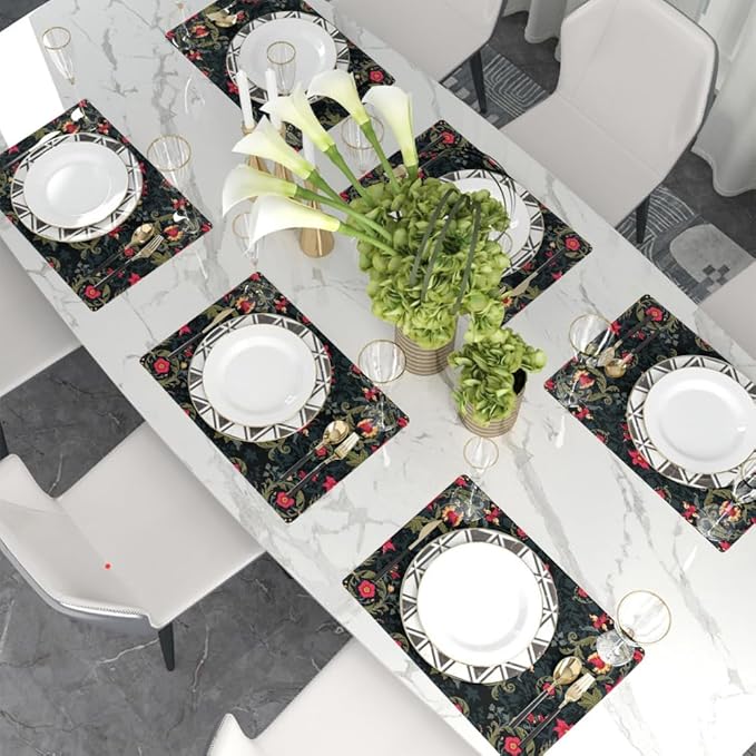 12"x18" Black Navy Red Flowers Damask Leaf Vintage Placemats Set of 4 Washable Thick Place Mats Kitchen Table Mats Decorative Linen Fabric Table Mat for Dining Table Kitchen Home Decor
