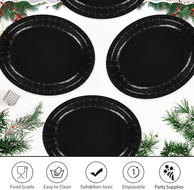 50Pcs Black Oval Paper Plates Decorations 10" x 12" Large Heavy Duty Disposable Black Paper Platters Birthday Party Decorations for BBQ Easter New Year Holiday Lunch Dinner Party Supplies Table Deco