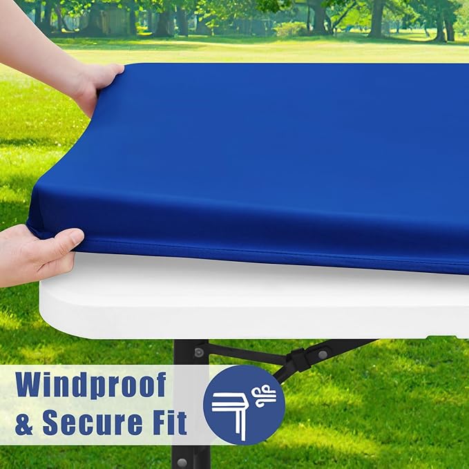 Spandex 6 Foot Rectangle Table Cloth 2 Pack, Elastic Fitted Tablecloths for Picnic, Stretch Washable Patio Table Cover for Outdoor, Camping, Banquet and Parties (Blue, 30"x72")