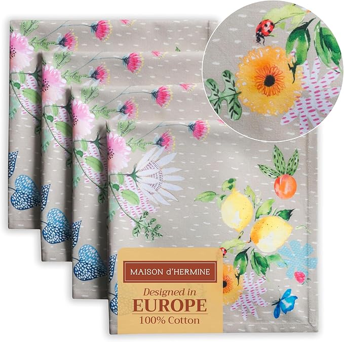 Maison d' Hermine Cloth Napkins Set of 4 100% Cotton Everyday Reusable Square Napkins Cloth Washable Dinner Wedding Restaurant Valentines Day Decorations Spring/Summer (Jardin D'Ete - Fog, 20" x 20")