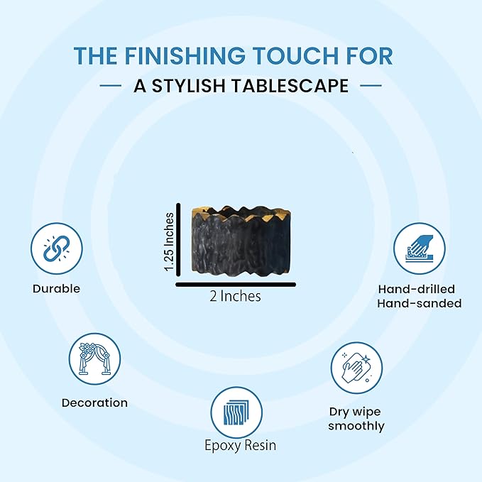 CLEENTABLE Epoxy Resin Napkin Holders for Cloth Napkins - 6 Pcs Elegant Napkin Holders for Dining Table Decor, Parties, Weddings & Holidays - Modern Tabletop Accessory (Black Gold)