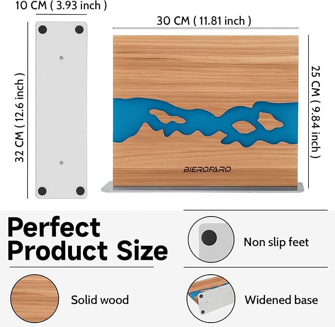 Resin River Magnetic Knife Block with Steel Base, Double-Sided Acacia Wood Knife Holder for Chef Knives, Modern Kitchen Organizer