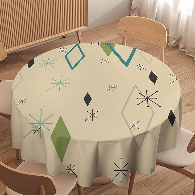 Colorful Middle Century Round Tablecloth, Vintage Bohemian Mid Century Modern Retro Print Tablecloth for Home Party Dining Room Kitchen Decor 70Inch(178cm)