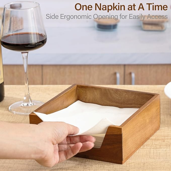 Napkin Holder for Table, Wooden Napkin Dispenser with Side Large Opening for Paper Napkins, Farmhouse Style Square Napkin Holder, Home Kitchen Dining Tabletop Decor