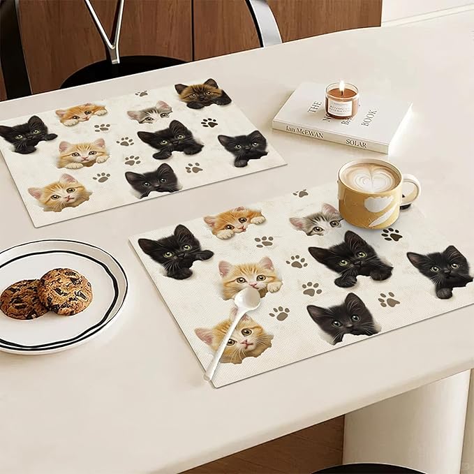 Cat Placemats Set of 4, Cute Black Cats Table Mats, Animal Washable Place Mats for Coffee Bar Home Party Indoor Kitchen Dining Table Decoration 12x18 Inch