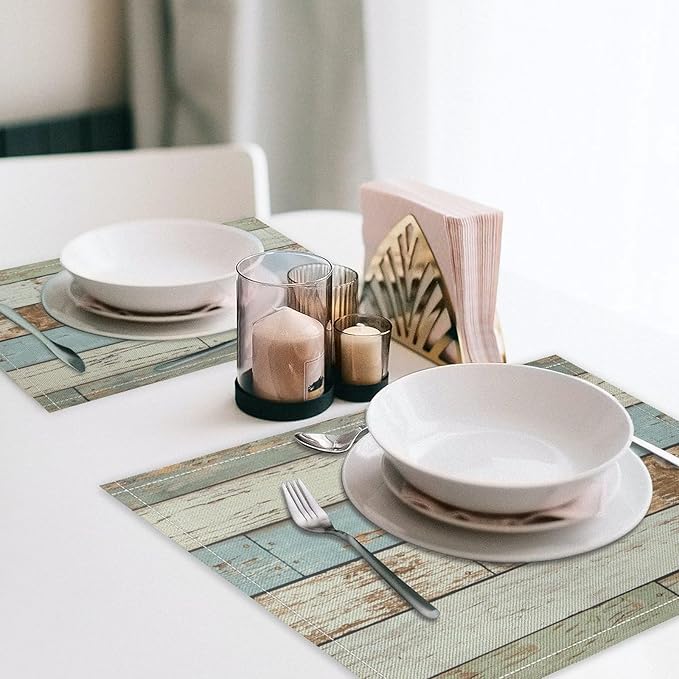 Rustic Plank Placemat Set, Vintage Old Shabby Colorful Beige Green Blue Farmhouse Barn Wooden Board Pattern Home Decor Linen Table Mats for Dining Room Kitchen Party (17x12in) x6P