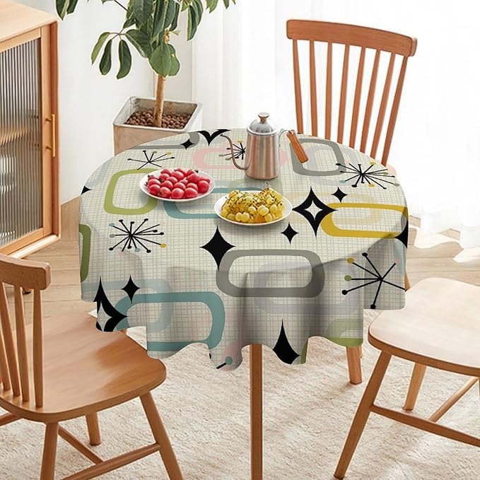 Mid Century Modern Round Tablecloth, Geometry Bohemian Retro Abstract Tablecloth for Home Party Dining Room Kitchen Decor 60Inch(152cm)
