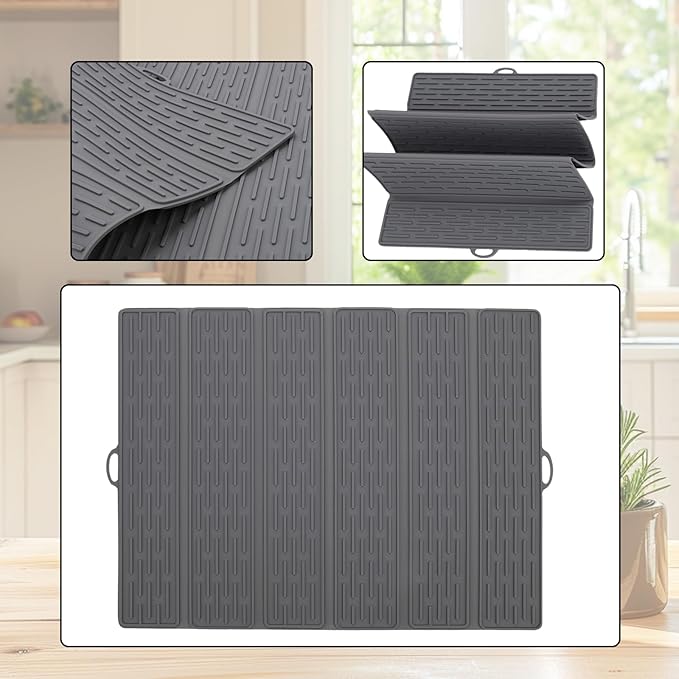 Klyrnd Silicone Dish Drying Mat - Extral Large 20.8" x 15.7" - Heat Resistant Silicone Trivet, Countertop Mat, Dish Draining Mat, Sink Mat, Easy to Clean Foldable Non Slip Dry Pad (Gray)