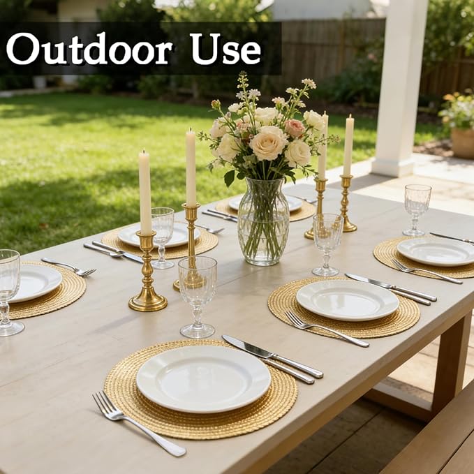 FAVE 6PCS Gold Vinyl Round Placemats, Wheat Sheaf Design 15 Inch Placemats Set of 6 Washable for Dining, Events, Banquet, Home & Daily Use (Gold Wheat,6pcs)
