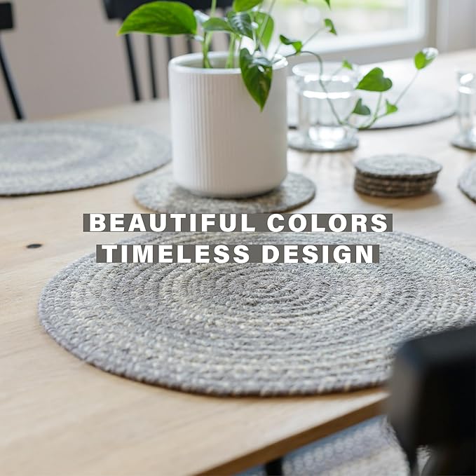 Homespice Grey Cloud Jute Woven Round Placemats Set of 6, 15", Warm Country Decor, Grey Table Mats - Vibrant Colors, Durable, Easy to Clean and Protects Furniture