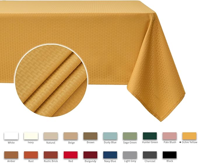 maxmill Jacquard Tablecloth Stain Resistant Waterproof Wrinkle Free Spillproof Washable Soft Weaved Texture Table Cloth for Dining Room, Indoor Outdoor Use, Rectangle 60 x 140 Inch, Ochre Yellow