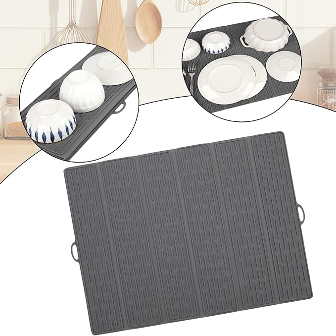 Klyrnd Silicone Dish Drying Mat - Extral Large 20.8" x 15.7" - Heat Resistant Silicone Trivet, Countertop Mat, Dish Draining Mat, Sink Mat, Easy to Clean Foldable Non Slip Dry Pad (Gray)